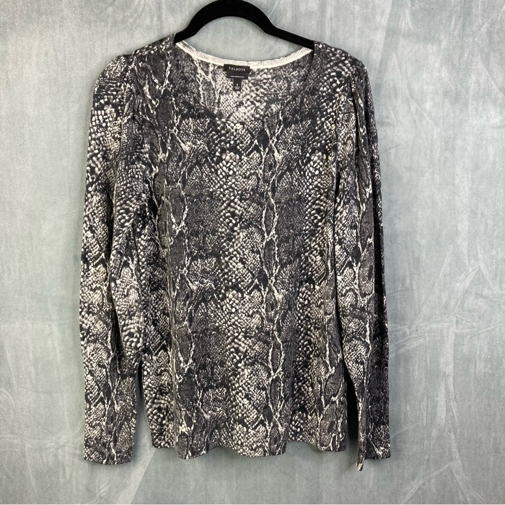 TALBOTS Women's Sweater Puff Sleeve Animal Print 100% Merino Wool Size Small